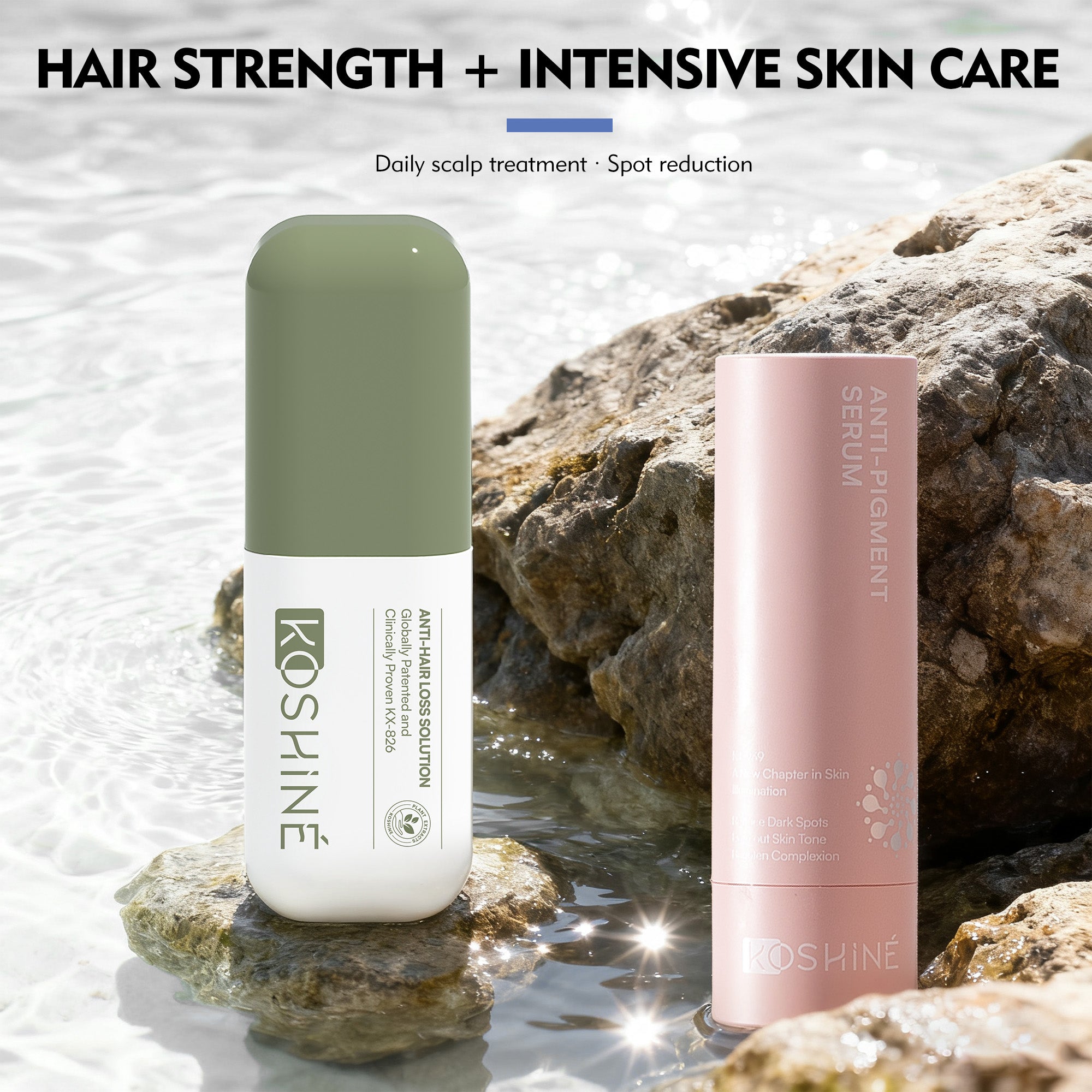 KOSHINÉ Green Bottle 0.5% Botanical KX-826 Hair Revitalizing Essence + KT-939 Anti-Pigment Set | Gentle Care for Sensitive Scalp & Skin
