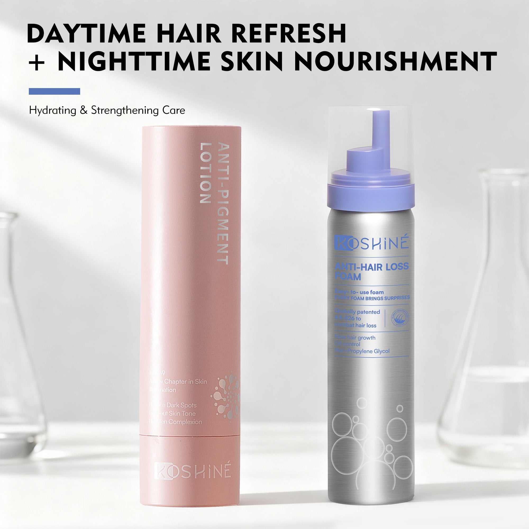 KOSHINÉ Hair Revitalizing Foam 0.9% KX-826 + KT-939 Anti-Pigment Skincare Set | Lightweight Scalp & Skin Duo