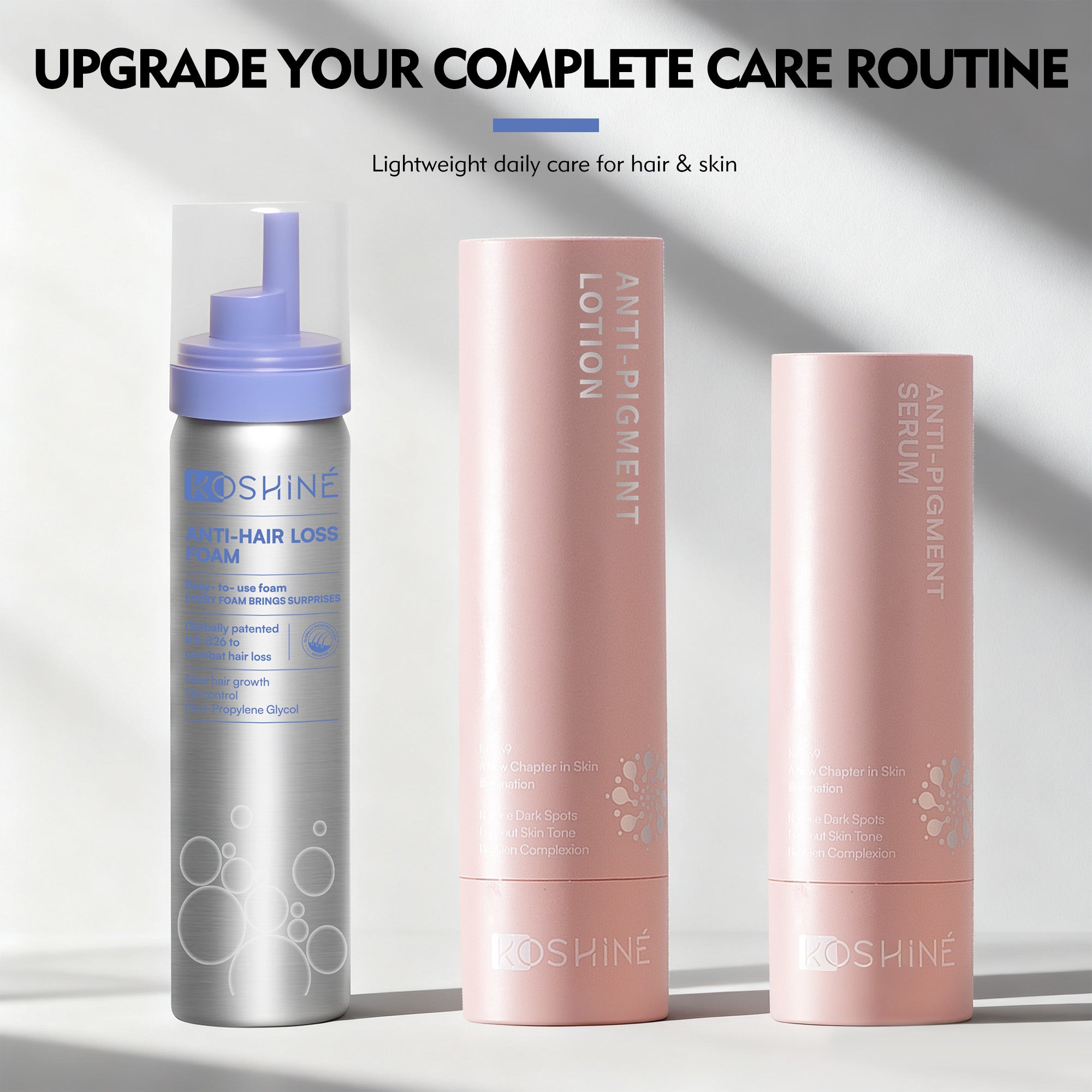 KOSHINÉ Hair Revitalizing Foam 0.9% KX-826 + KT-939 Anti-Pigment Skincare Set | Lightweight Scalp & Skin Duo