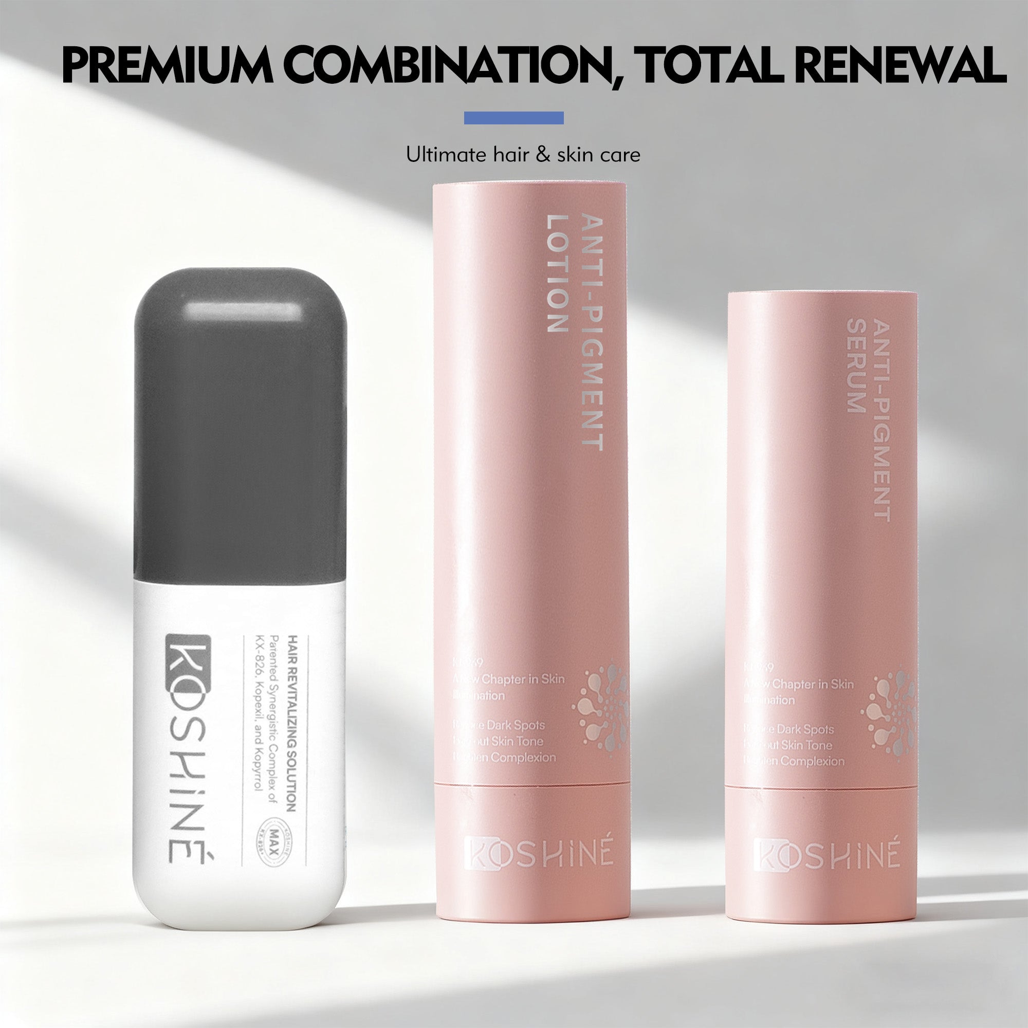 KOSHINÉ MAX 0.9% KX-826 + 1.5% Kopyrrol + 1% Kopexil Advanced Hair Revitalizing Solution + KT-939 Anti-Pigment Skincare | Complete Scalp & Skin System