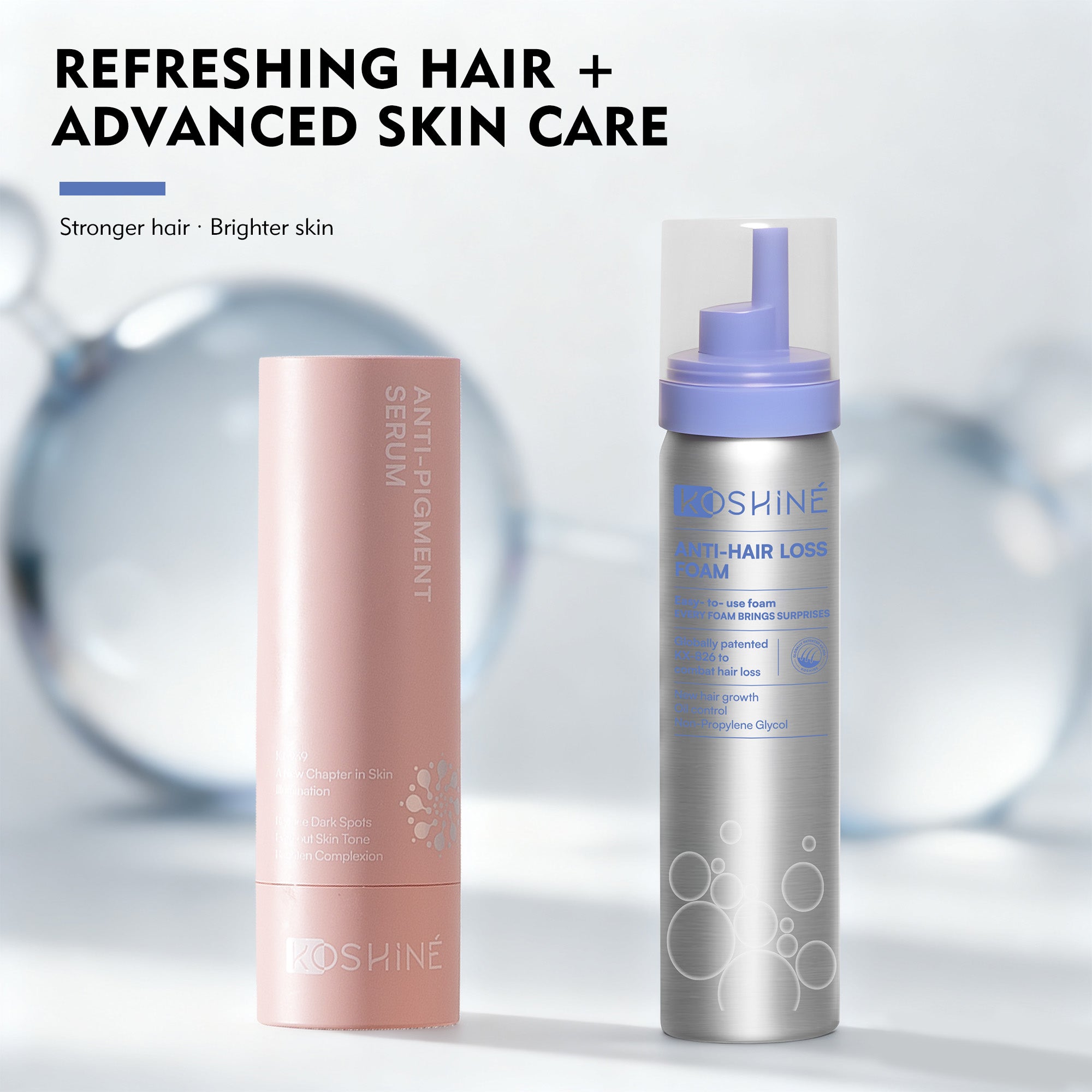 KOSHINÉ Hair Revitalizing Foam 0.9% KX-826 + KT-939 Anti-Pigment Skincare Set | Lightweight Scalp & Skin Duo