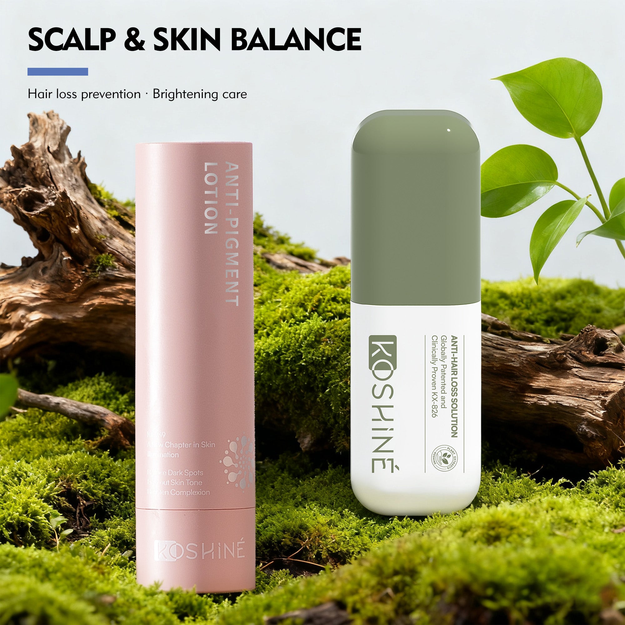 KOSHINÉ Green Bottle 0.5% Botanical KX-826 Hair Revitalizing Essence + KT-939 Anti-Pigment Set | Gentle Care for Sensitive Scalp & Skin