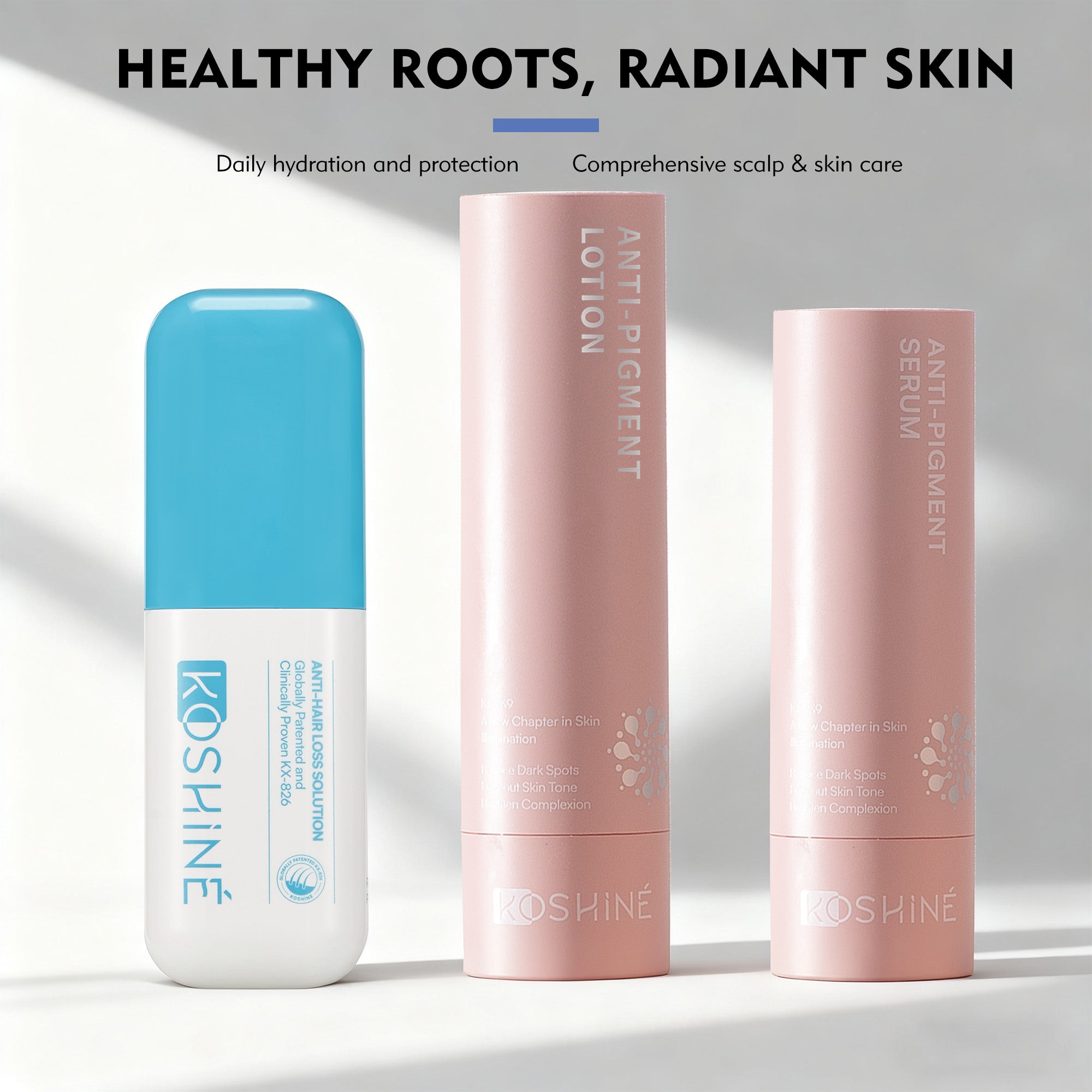 KOSHINÉ Blue Bottle 0.5% KX-826 Hair Revitalizing Solution + KT-939 Anti-Pigment Skincare | Scalp & Skin Balance Set